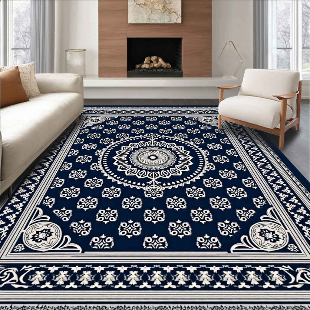 Navy White Intricate Mandala Floral Rug