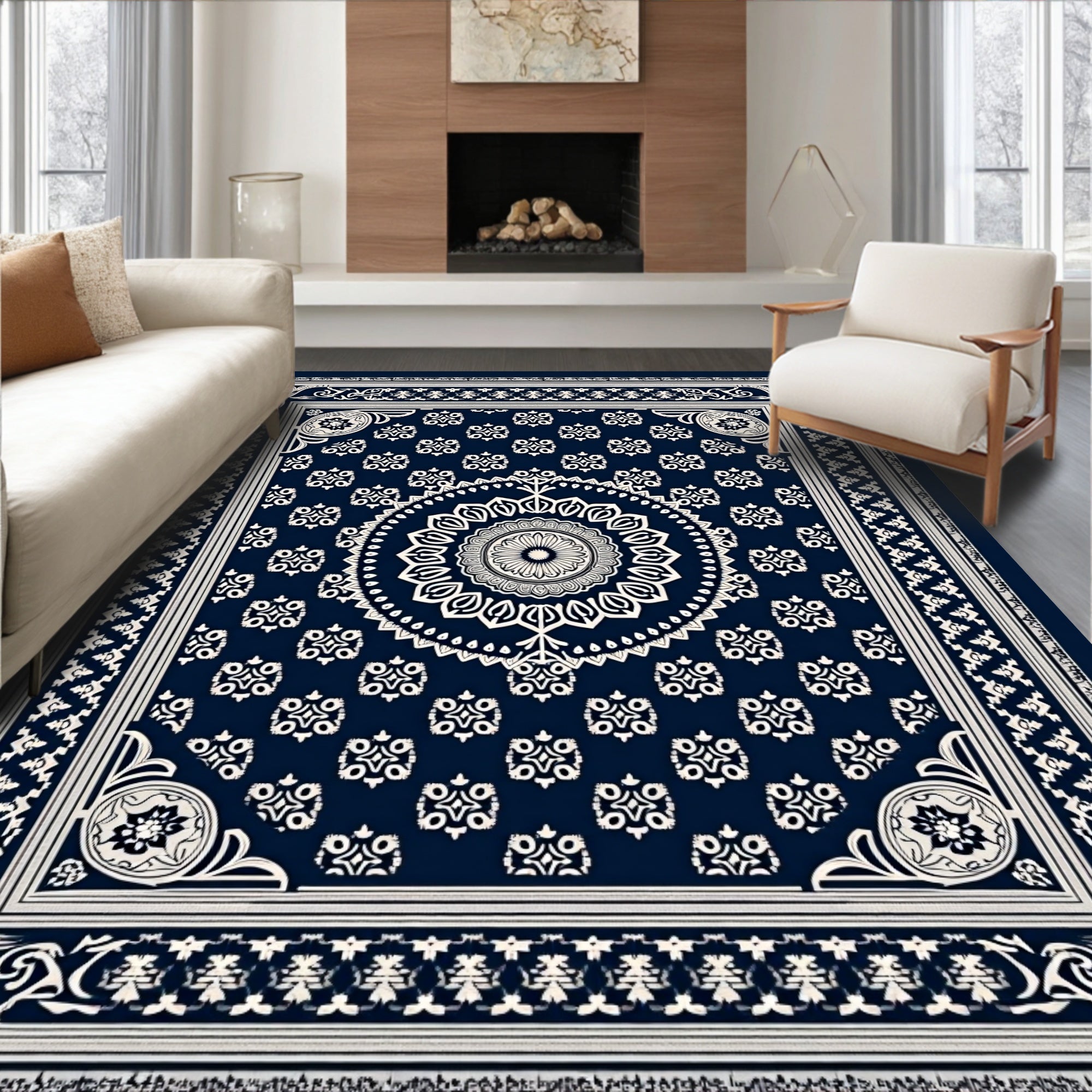 Navy White Intricate Mandala Floral Rug