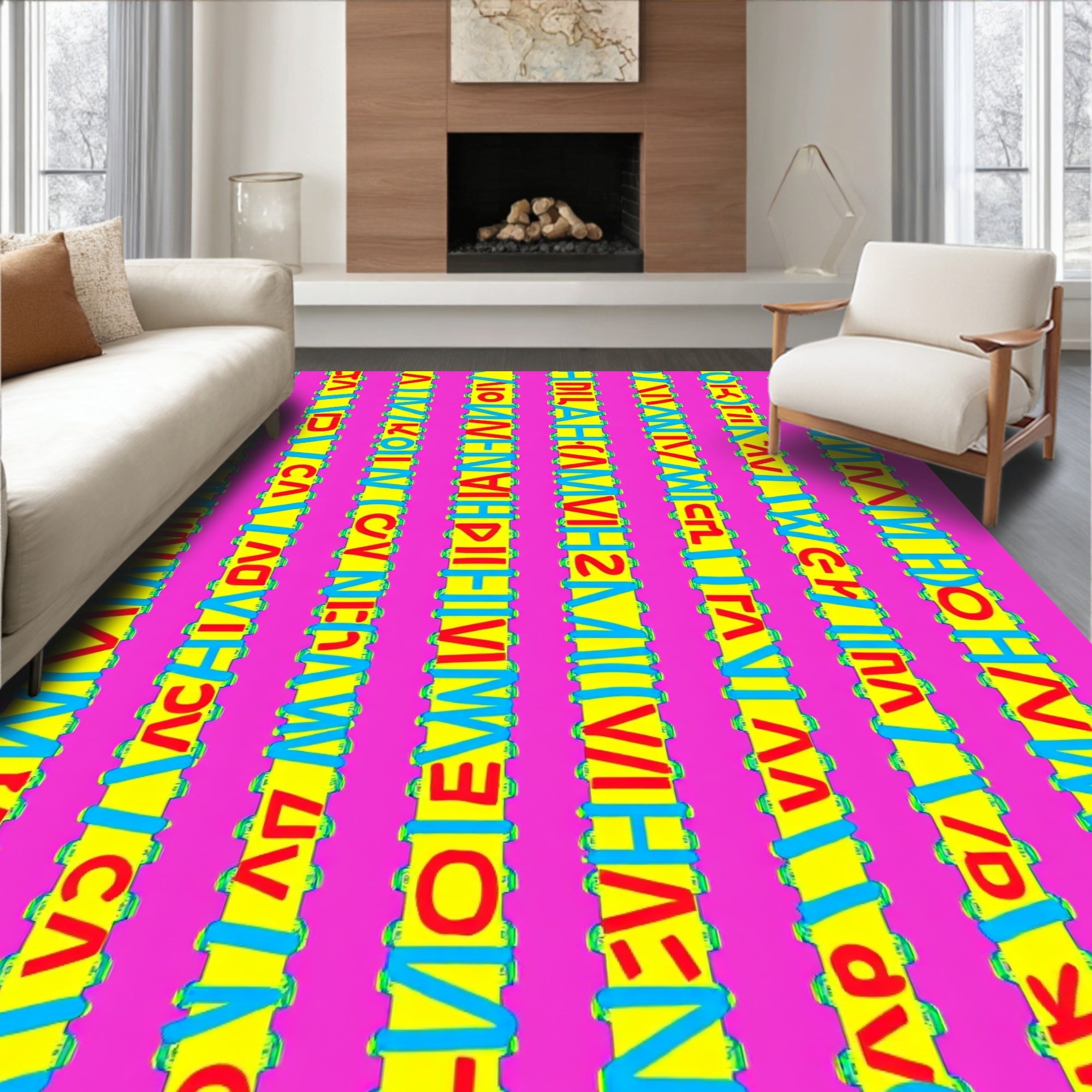 Vibrant Pink Yellow Alphabet Stripes Rug