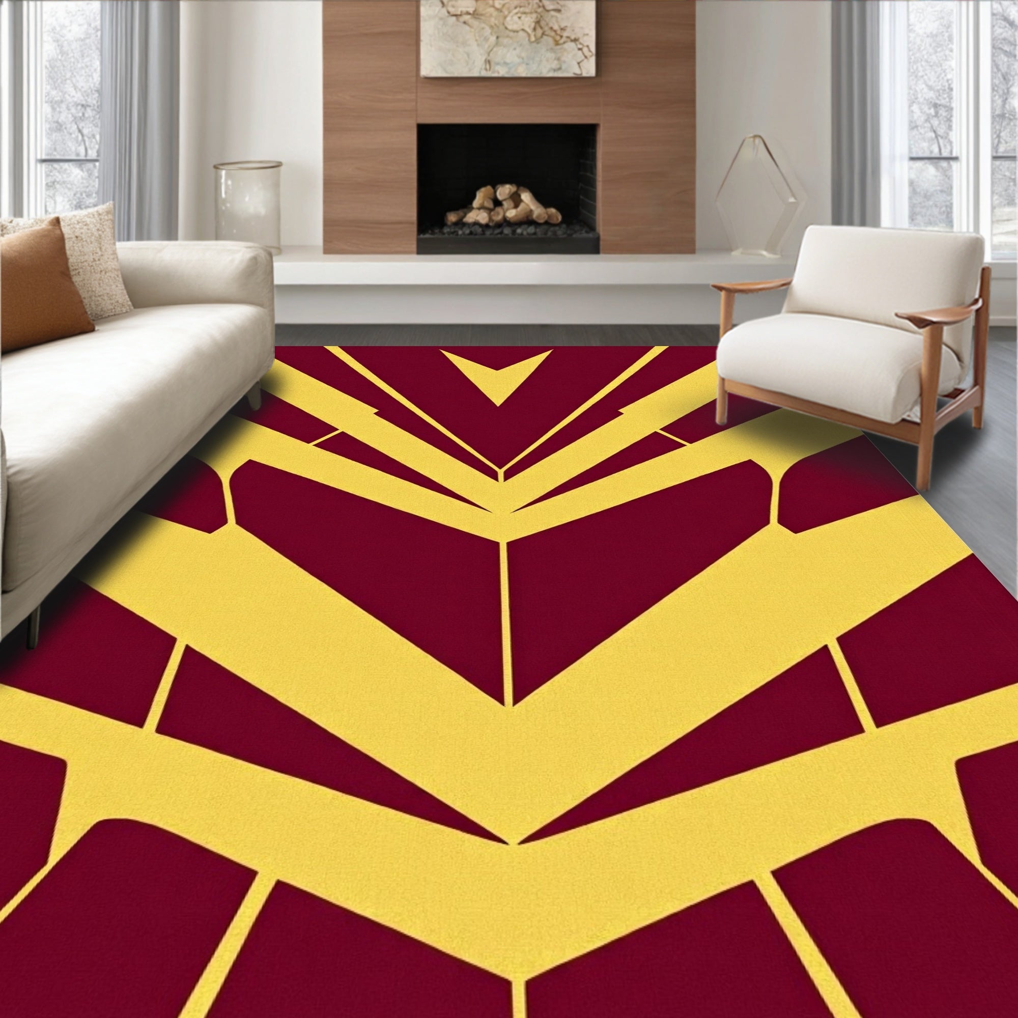 Bold Red Yellow Geometric Rays Rug