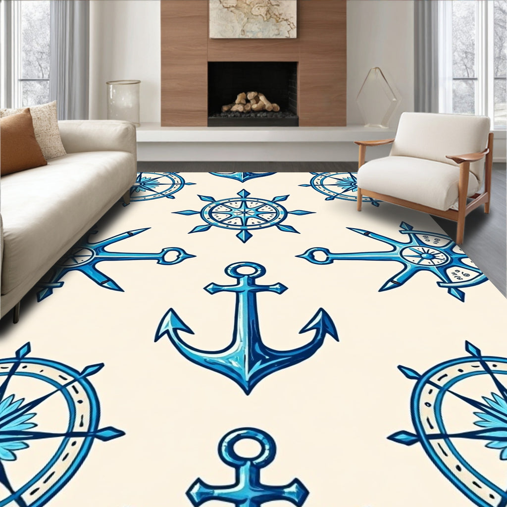 Oceanic Blue Anchor Ship Wheel Rug