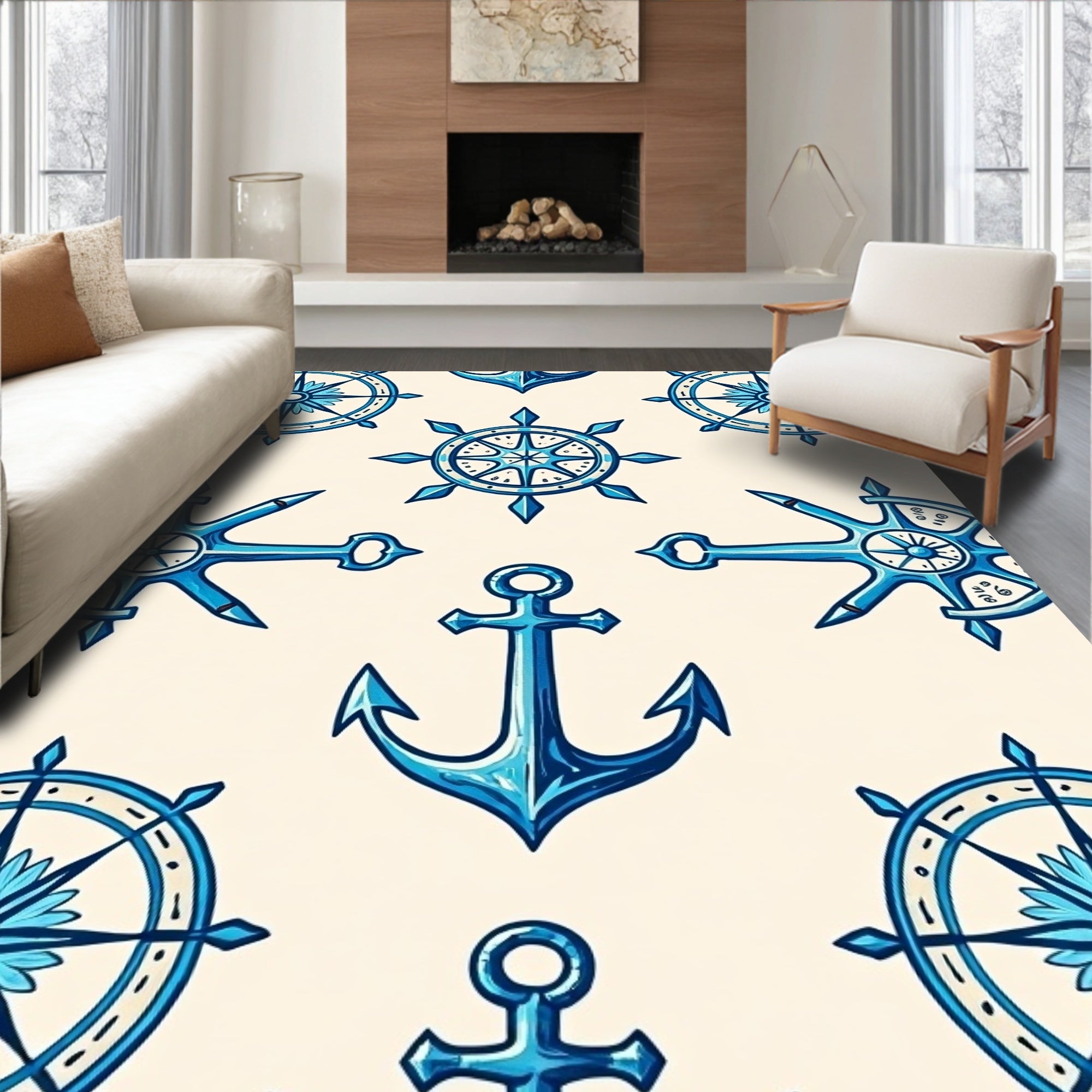 Oceanic Blue Anchor Ship Wheel Rug