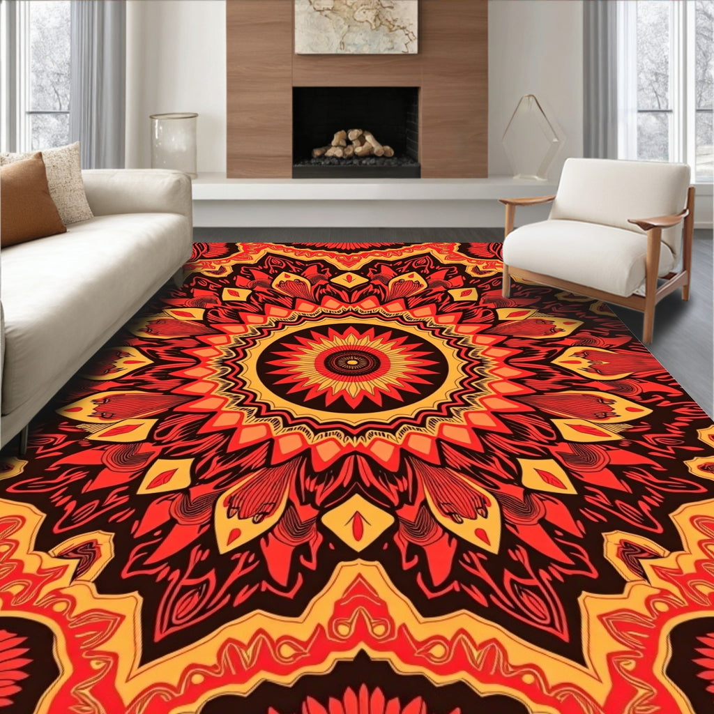Vibrant Sunburst Mandala Red Orange Rug