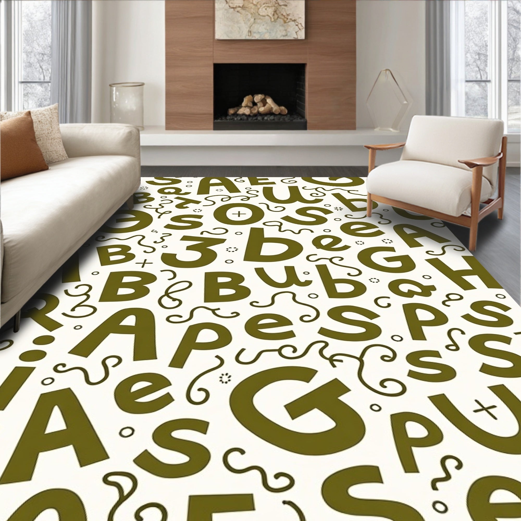 Olive Green Alphabet Scattered Comical Layout Rug
