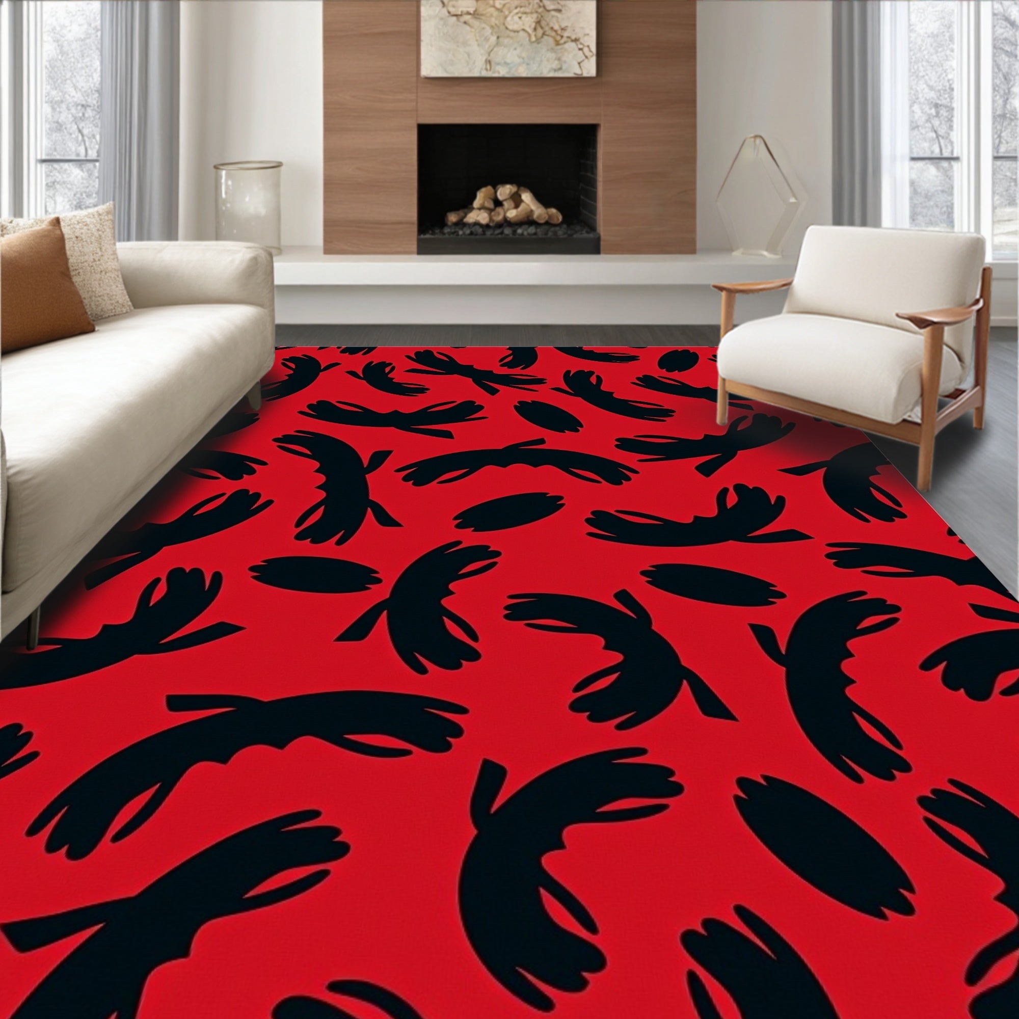 Bold Red Abstract Black Forms Rug