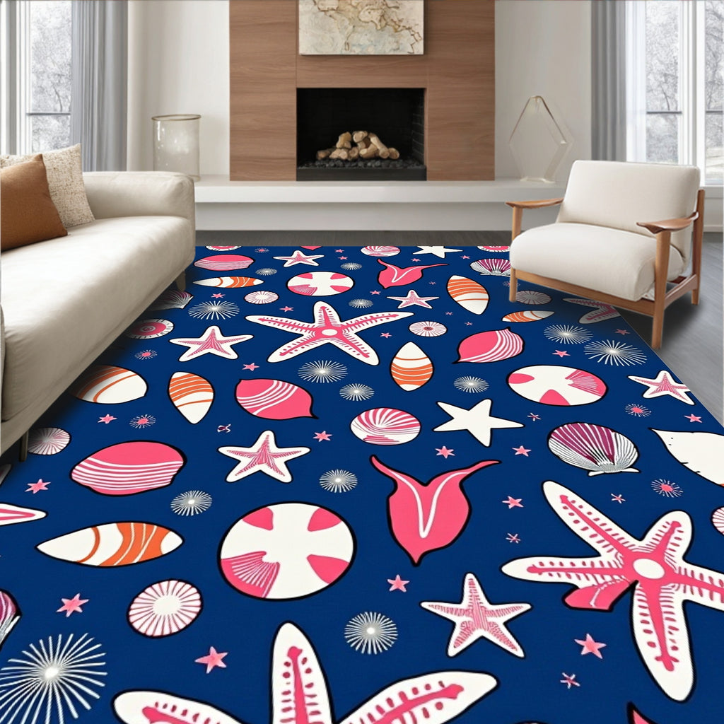 Coral Pink Sea Life Starfish Shells Rug