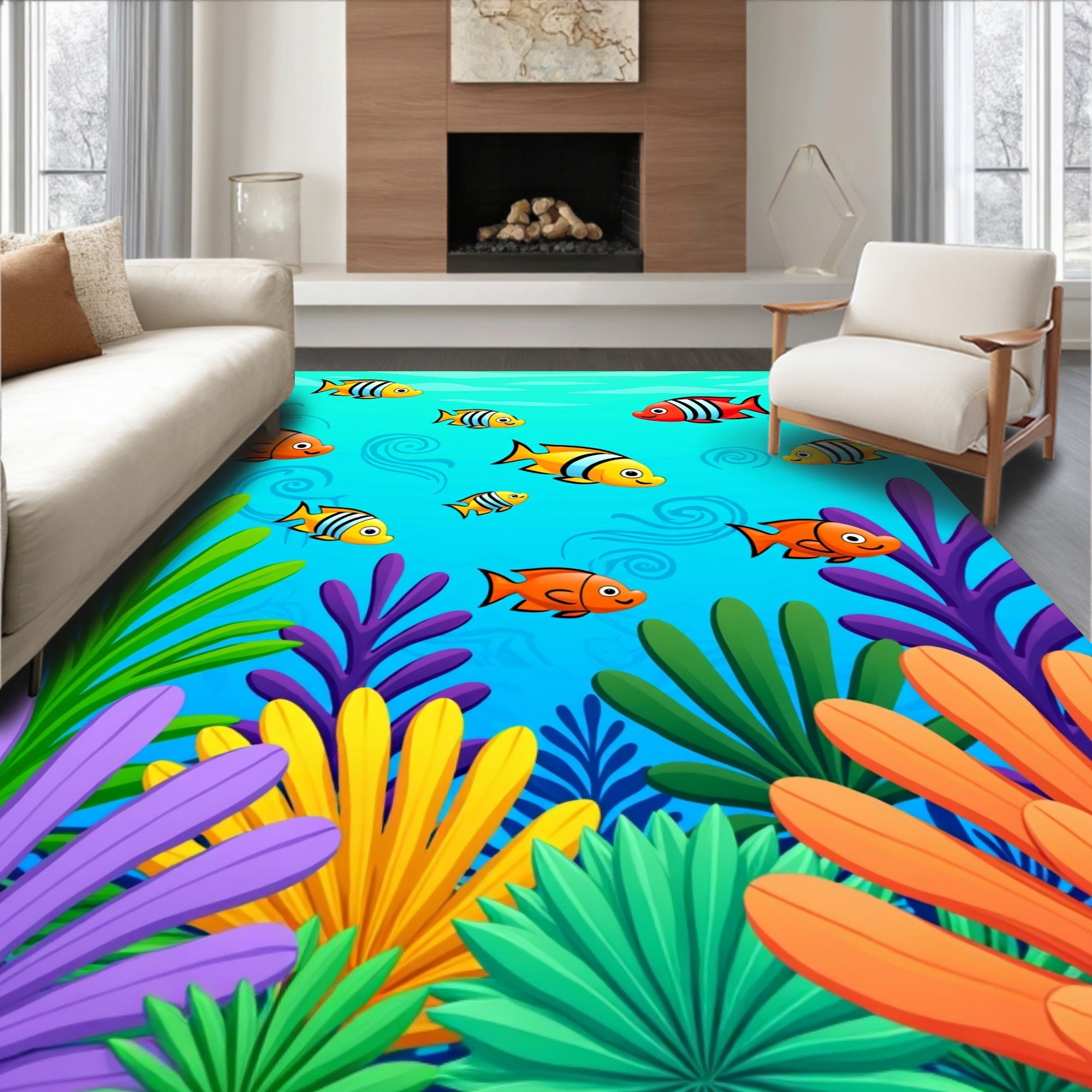 Vibrant Coral Fish Shoal Aura Rug