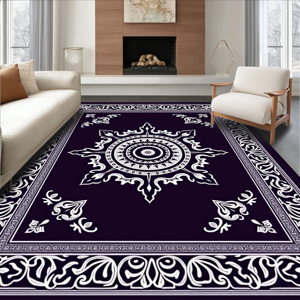 Deep Indigo White Floral Mandala Border Rug