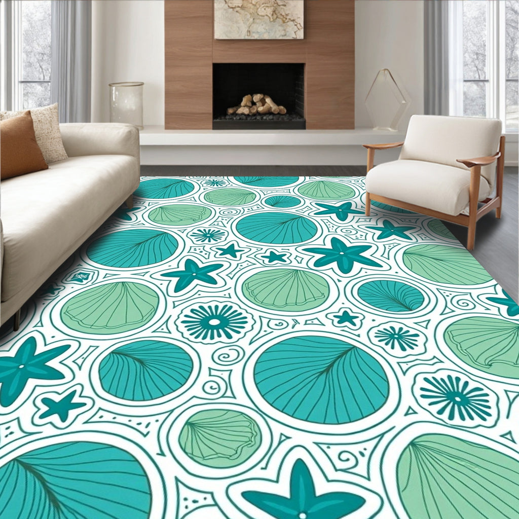 Teal Coral Starfish Shell Collage Rug