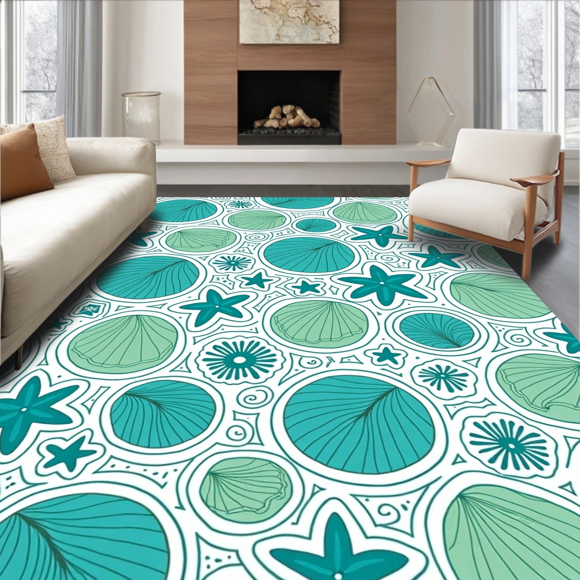 Teal Coral Starfish Shell Collage Rug