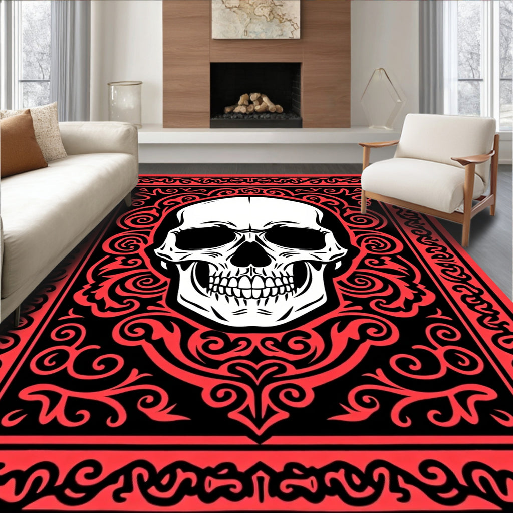Gothic Skull Black Red Ornate Rug