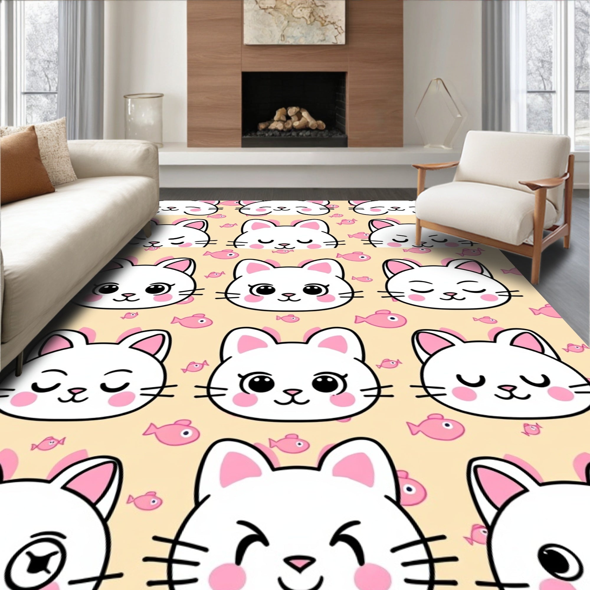 Whimsical White Kitty Faces Pink Fish Rug