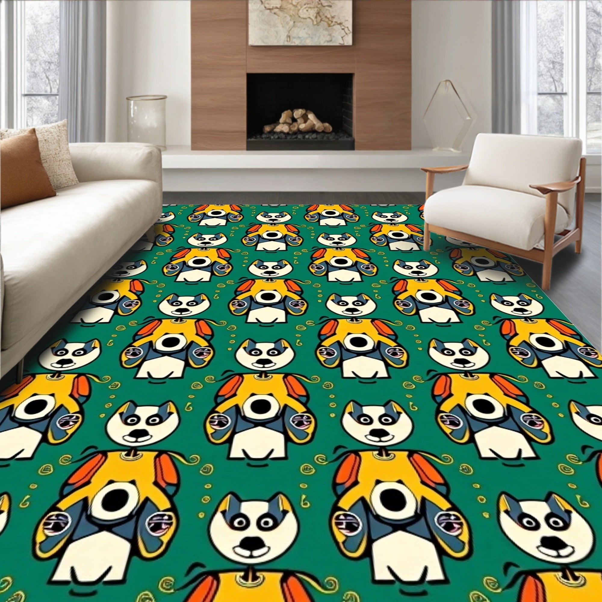 Whimsical Yellow Dog Art Deco Rug
