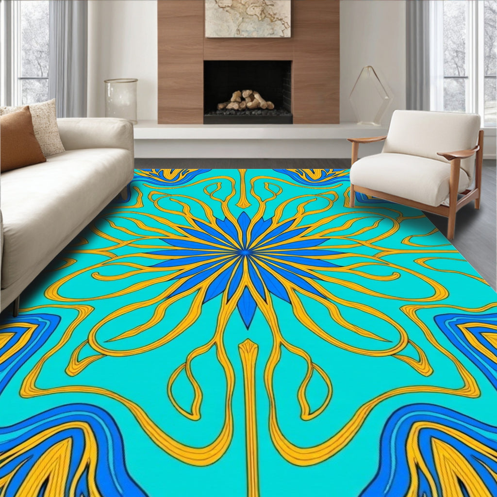Turquoise Blue Golden Art Nouveau Bloom Rug