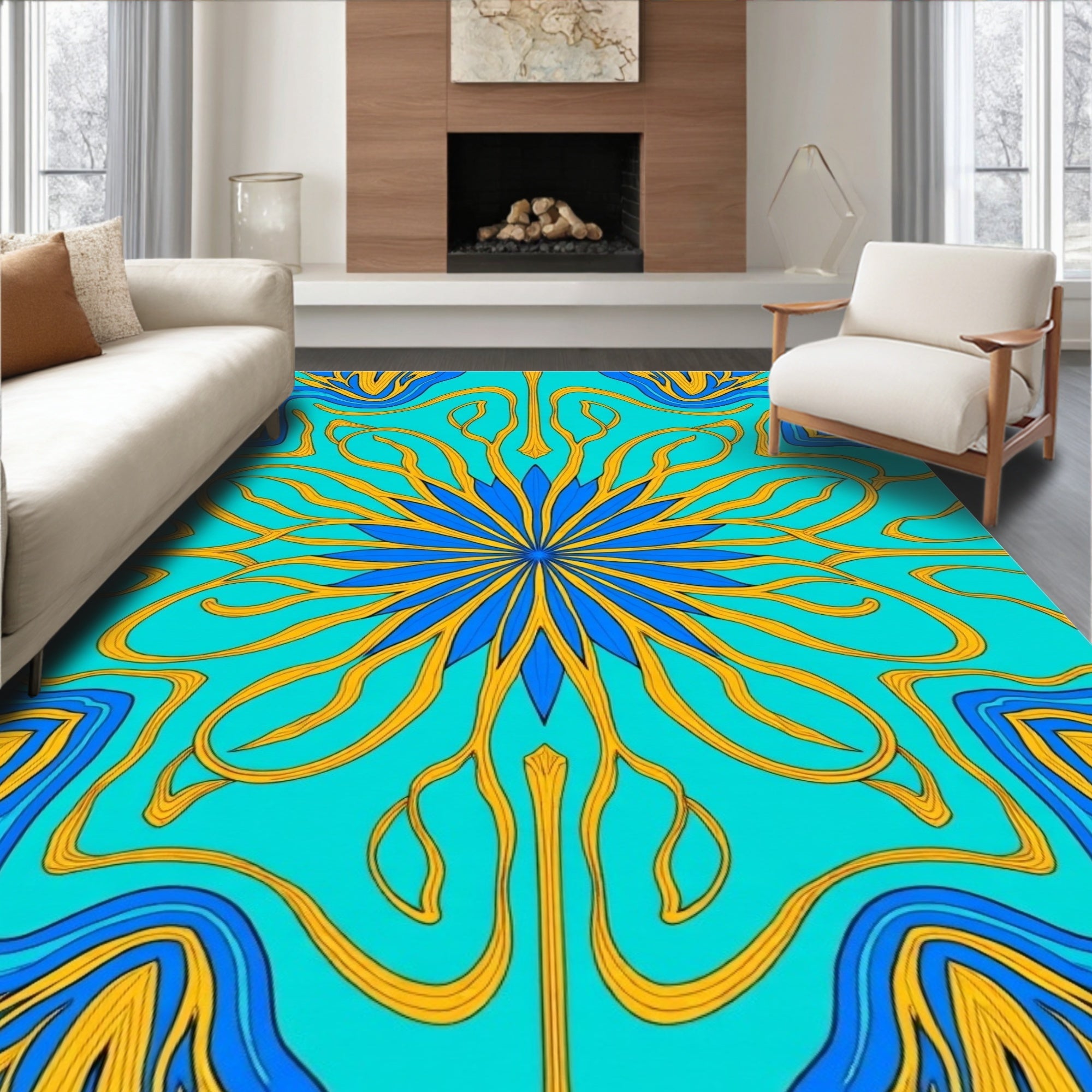 Turquoise Blue Golden Art Nouveau Bloom Rug
