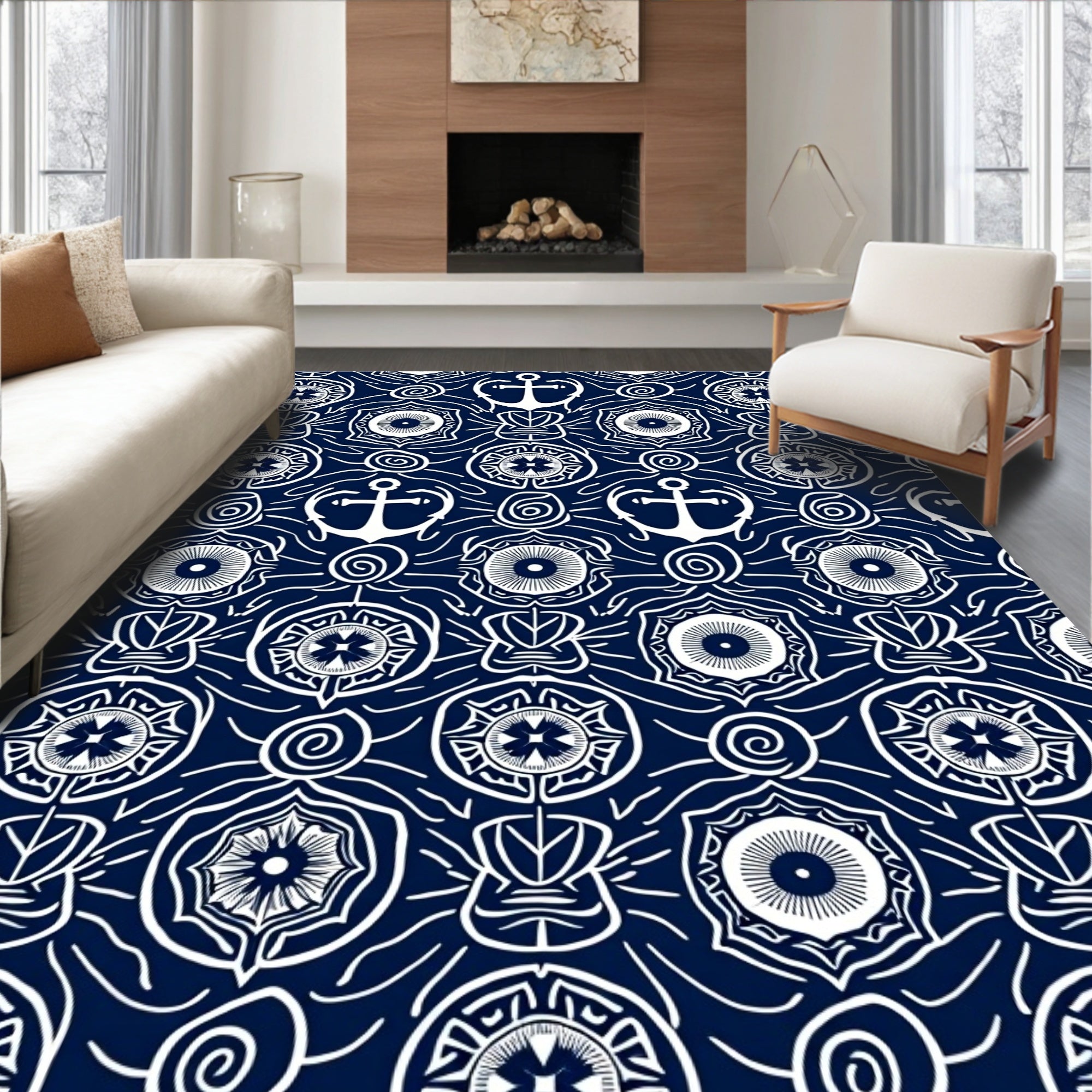 White Anchor Nautical Medallion Rug