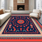 Bold Crimson Medallion Navy Border Rug
