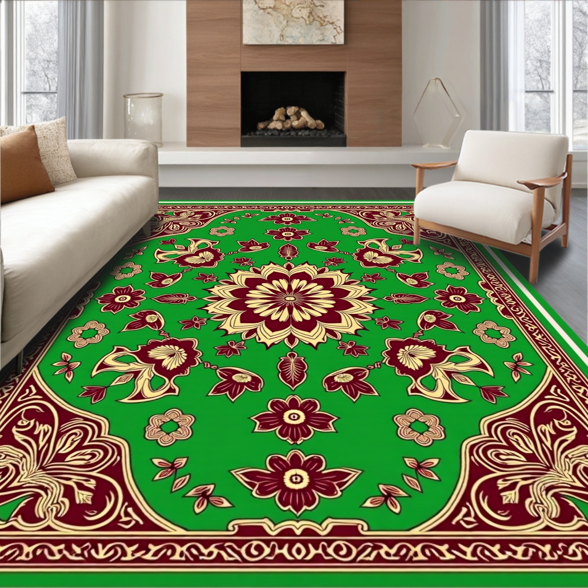 Emerald Green Burgundy Floral Medallion Rug