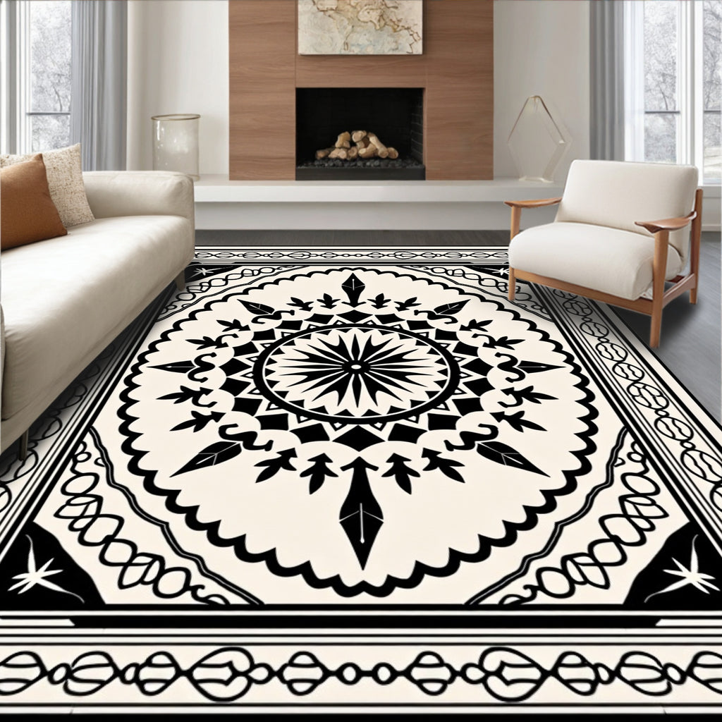 Monochromatic Black Cream Sunburst Medallion Rug