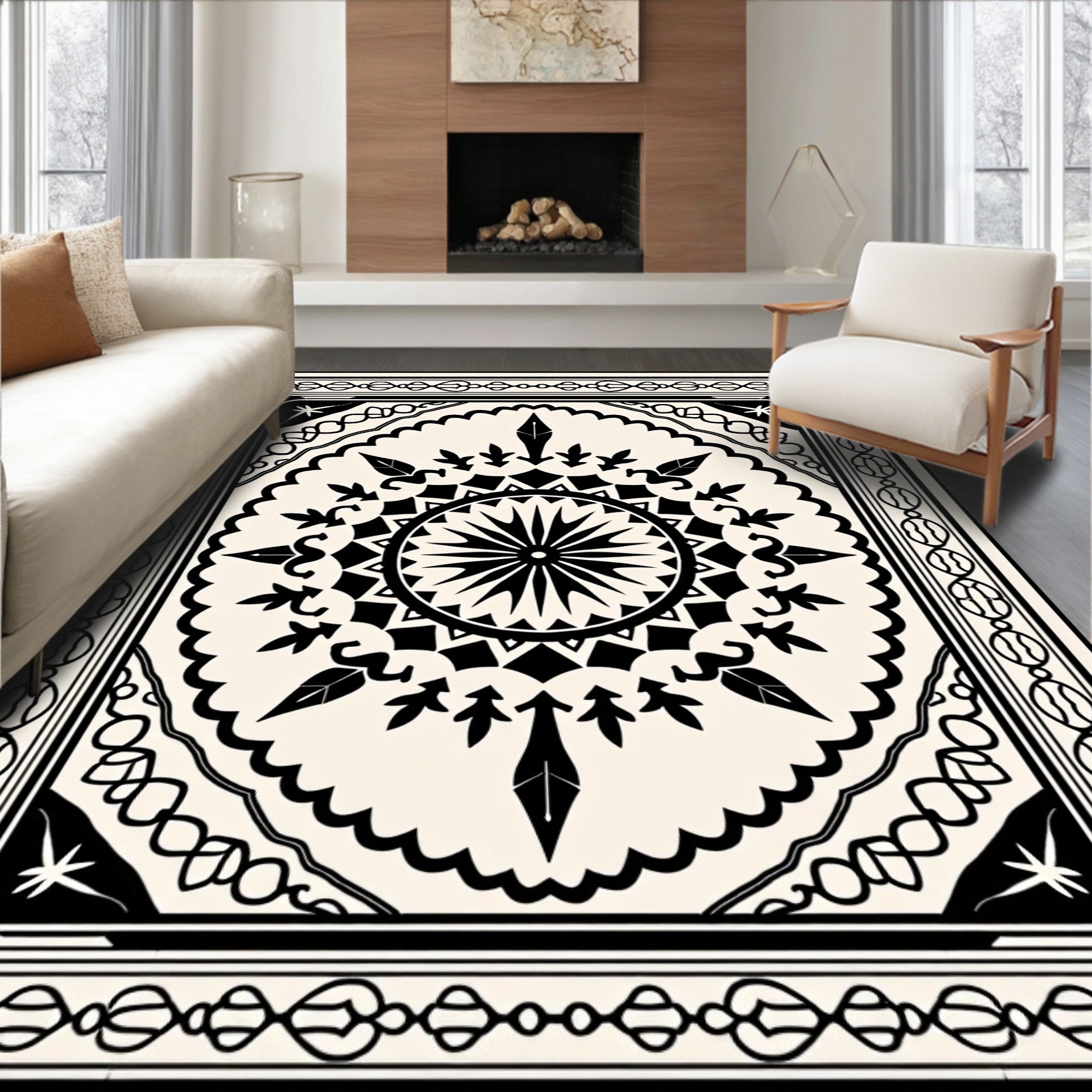 Monochromatic Black Cream Sunburst Medallion Rug