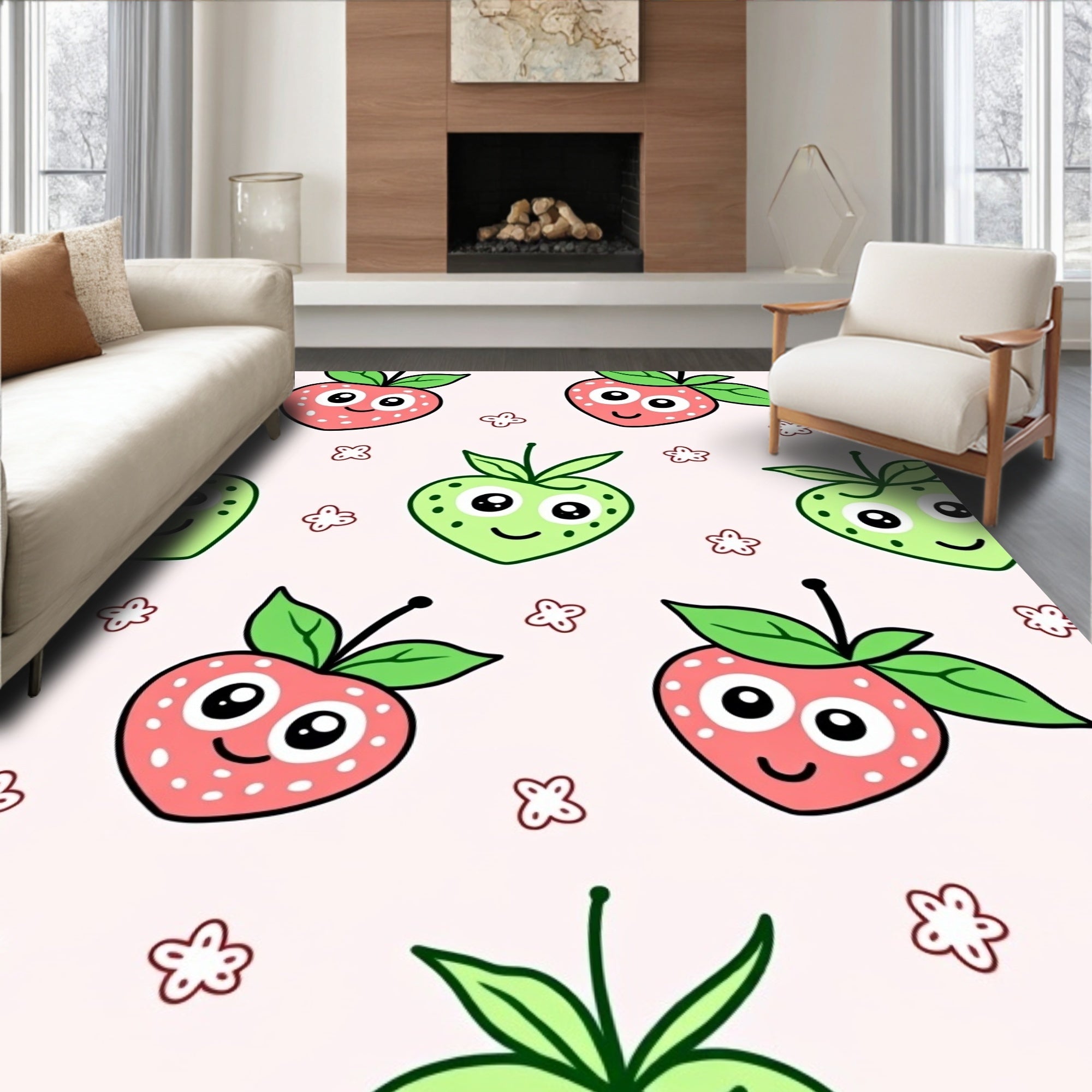 Whimsical Strawberries Green Apples Flowers Rug