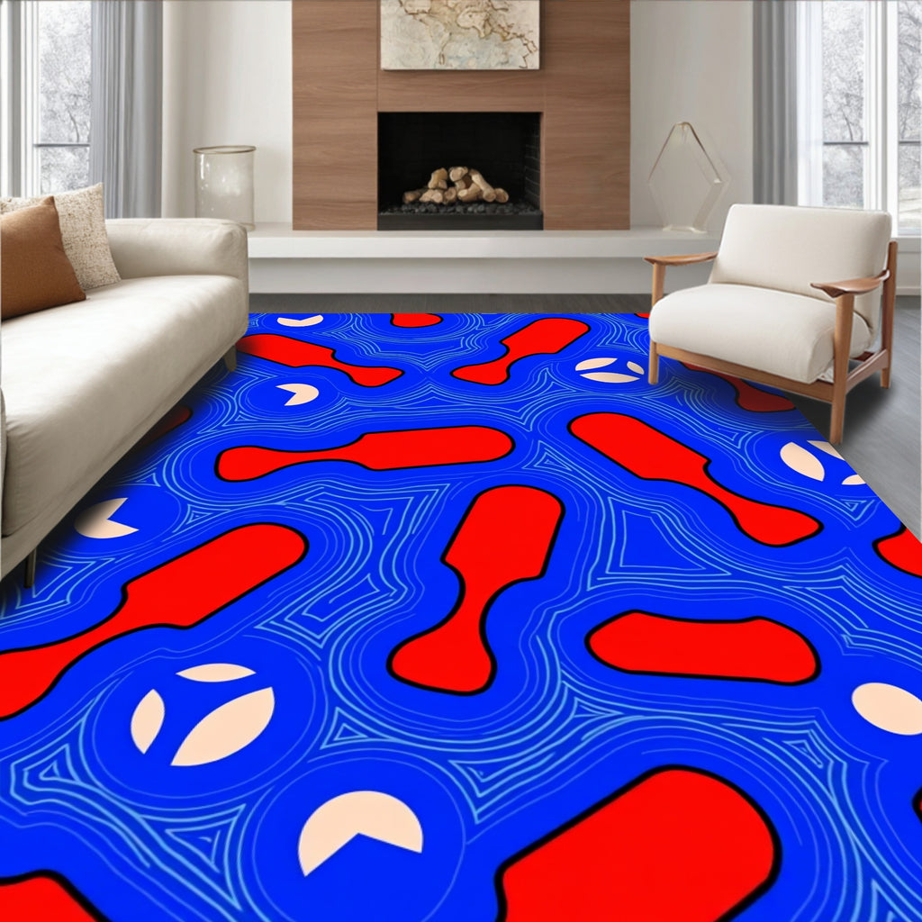 Vibrant Red Abstract Blue Organic Forms Rug