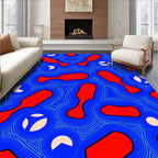 Vibrant Red Abstract Blue Organic Forms Rug