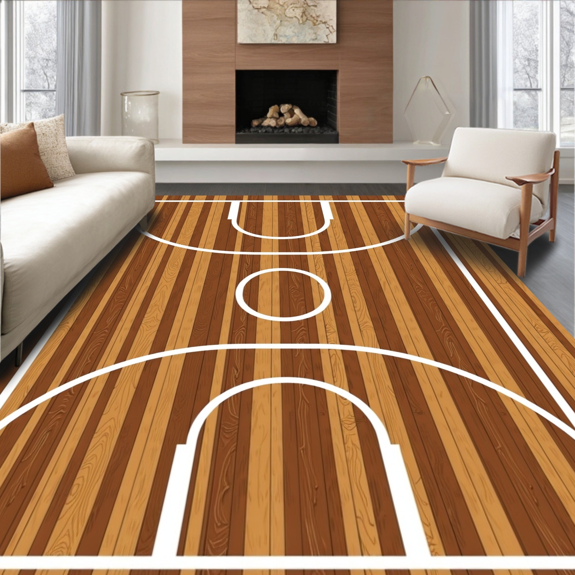 Wooden Basketball Court Lines Rug