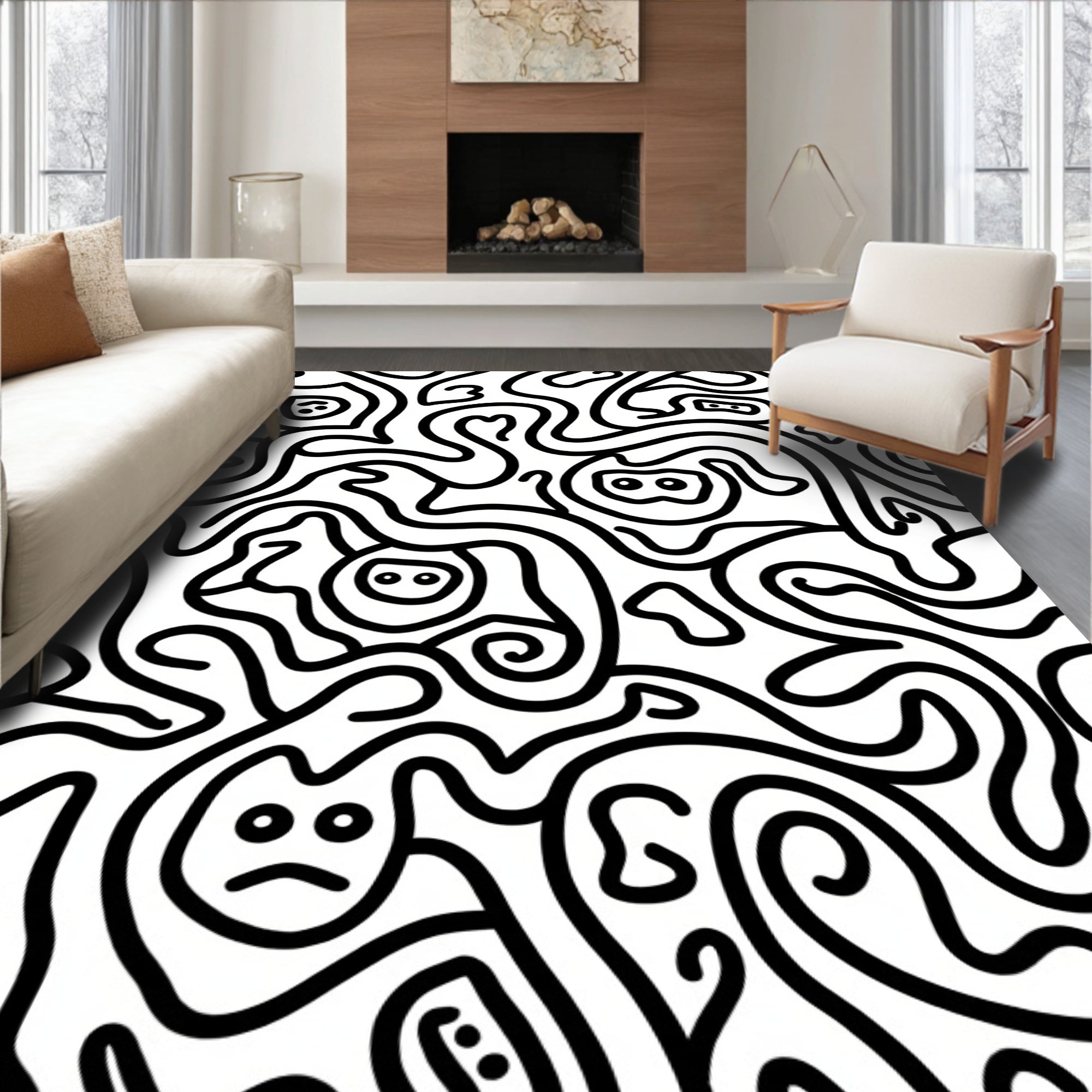 Whimsical Black And White Doodle Swirls Rug