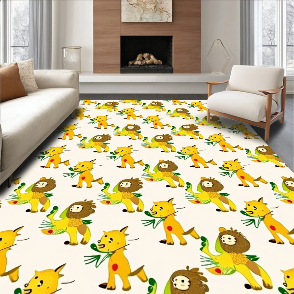 Yellow Cartoon Animals Repeating Pattern Rug