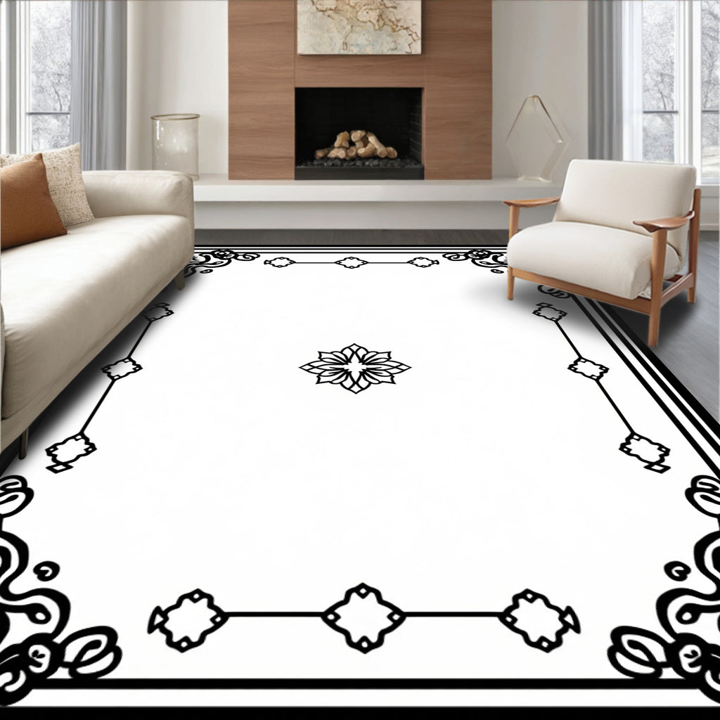 Ornate Floral Black and White Border Rug