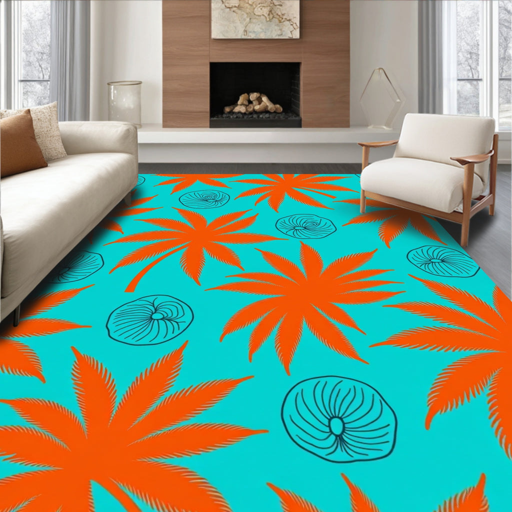 Vibrant Orange Palm Leaves Aqua Rug
