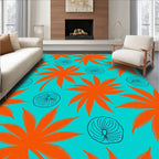 Vibrant Orange Palm Leaves Aqua Rug