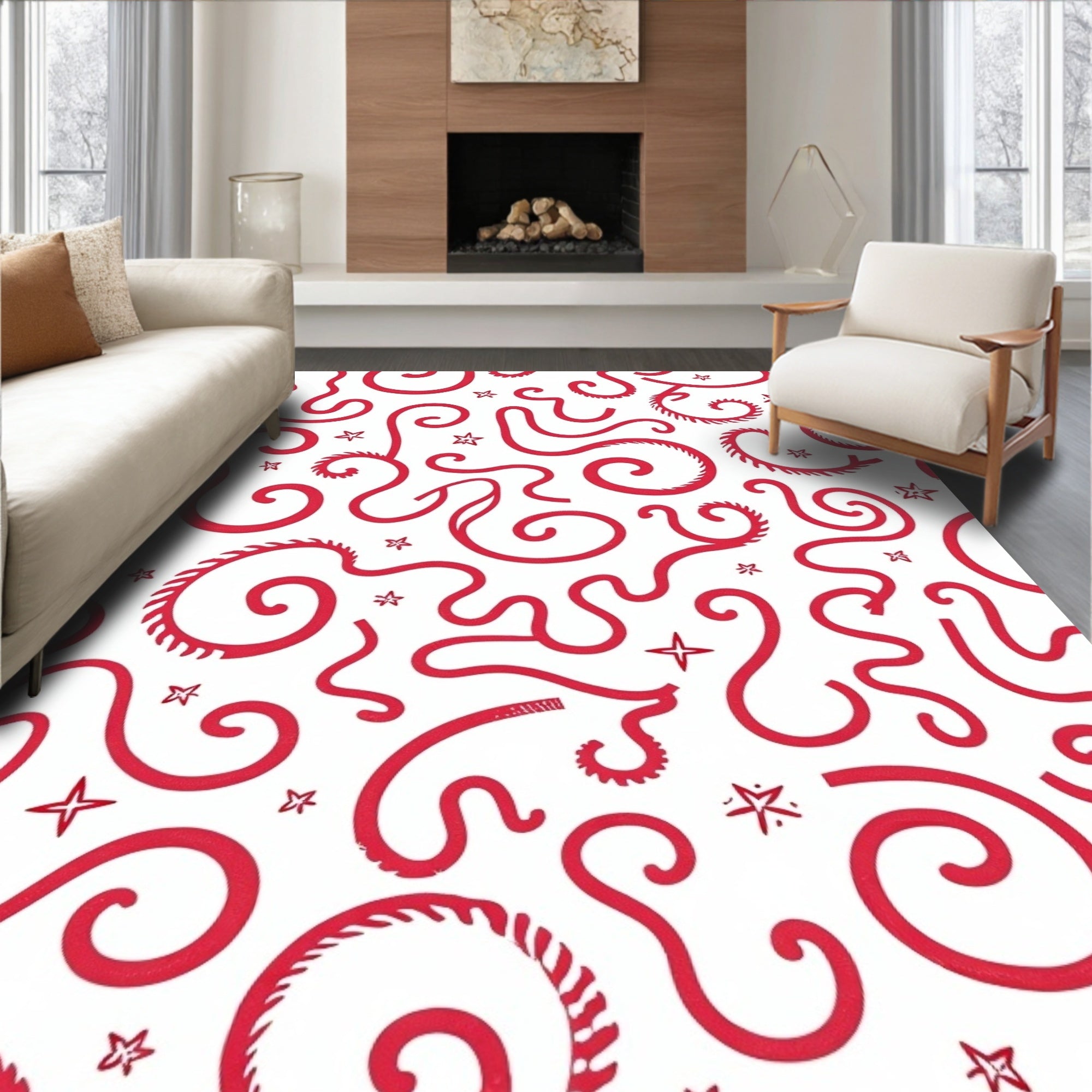 Whimsical Red Swirls and Stars Rug