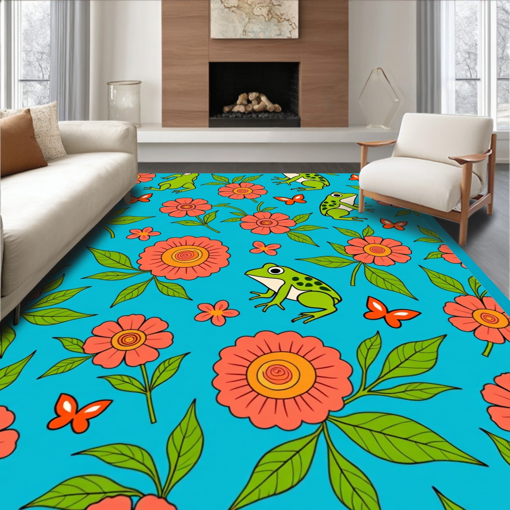 Whimsical Frogs and Flowers Garden Rug