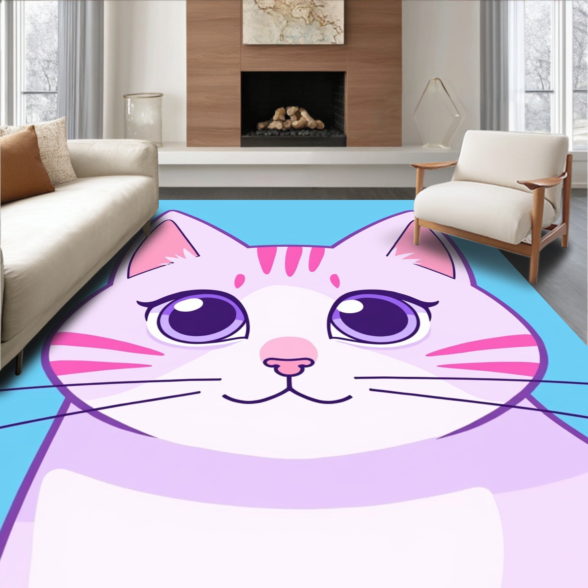 Kawaii Pink Striped Cat Portrait Rug