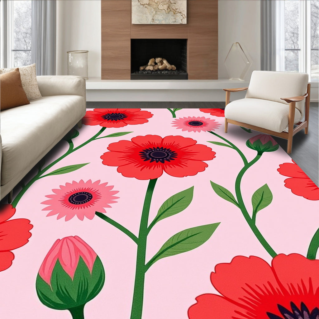 Vibrant Red Poppy Garden Pink Rug