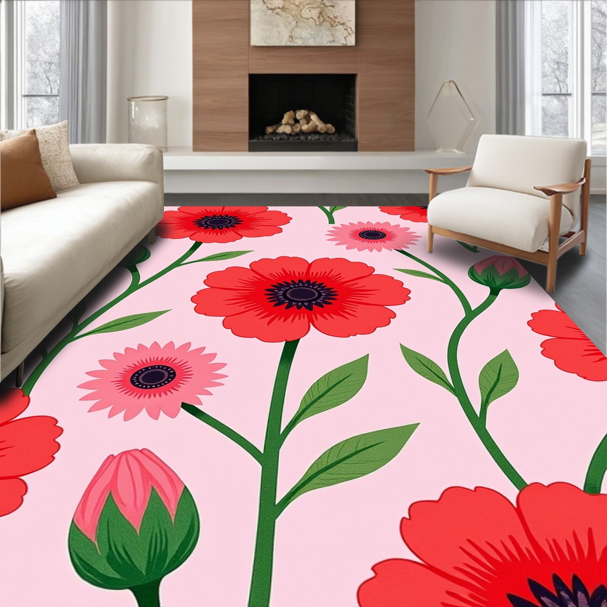 Vibrant Red Poppy Garden Pink Rug