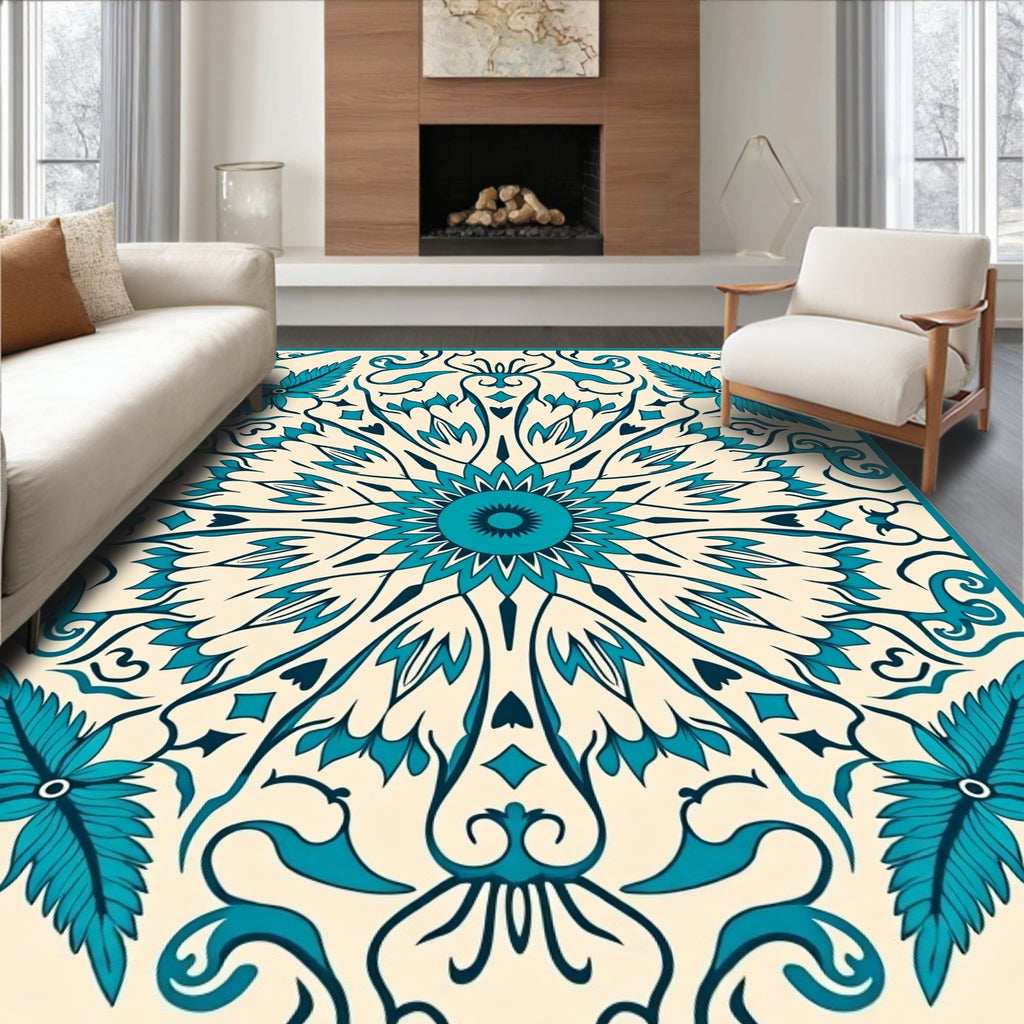 Teal Feathered Floral Sunburst Rug