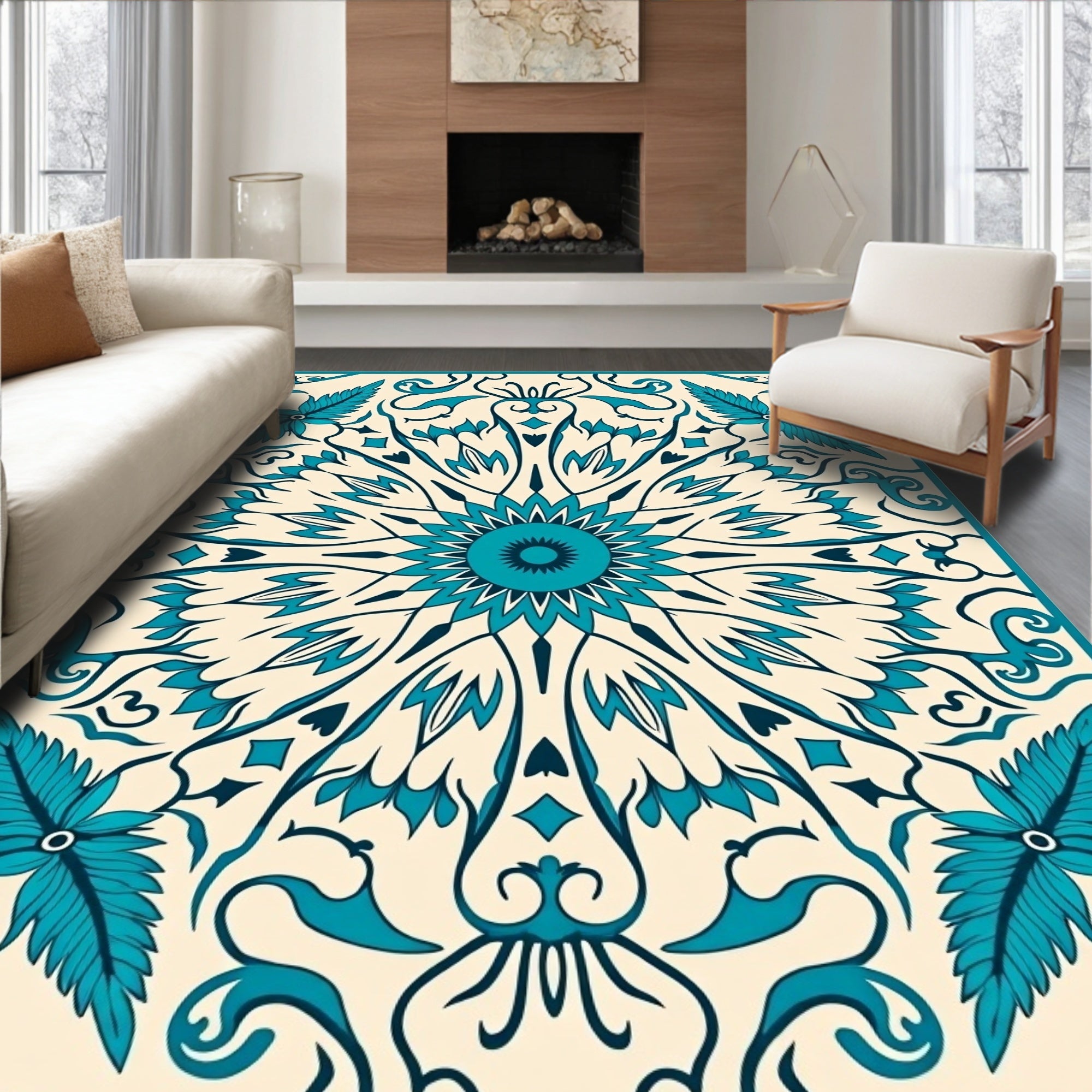 Teal Feathered Floral Sunburst Rug