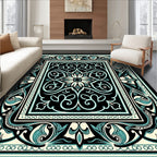 Black Teal Floral Medallion Border Rug