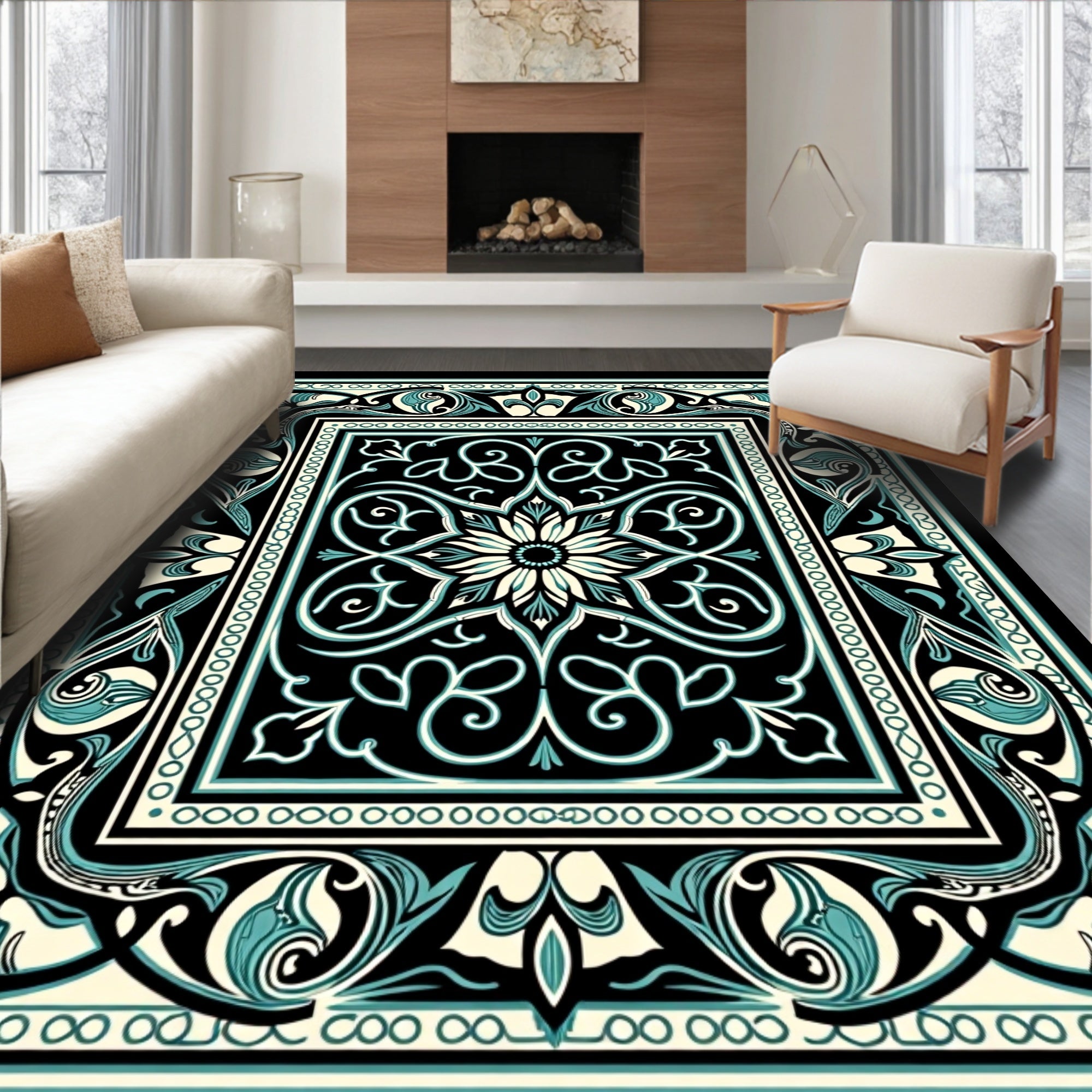 Black Teal Floral Medallion Border Rug