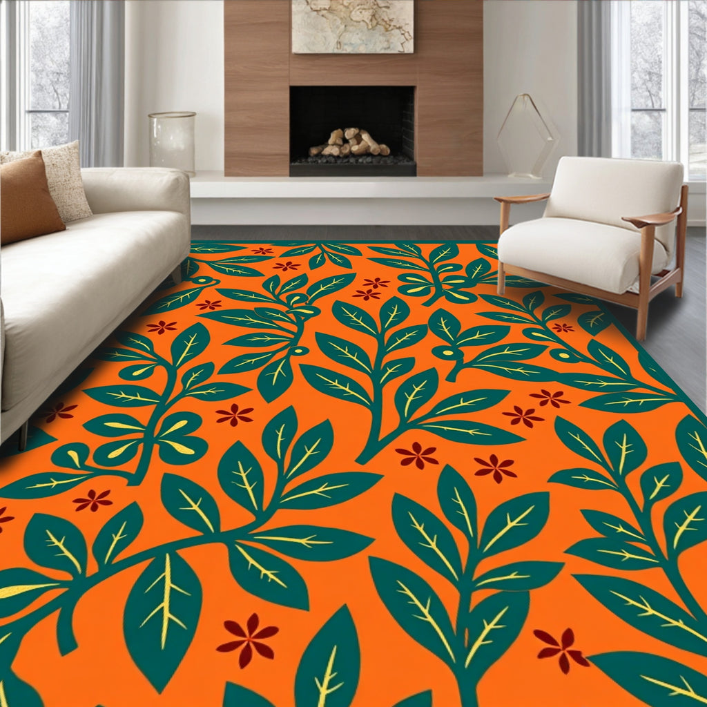 Orange Teal Foliage Floral Garden Rug