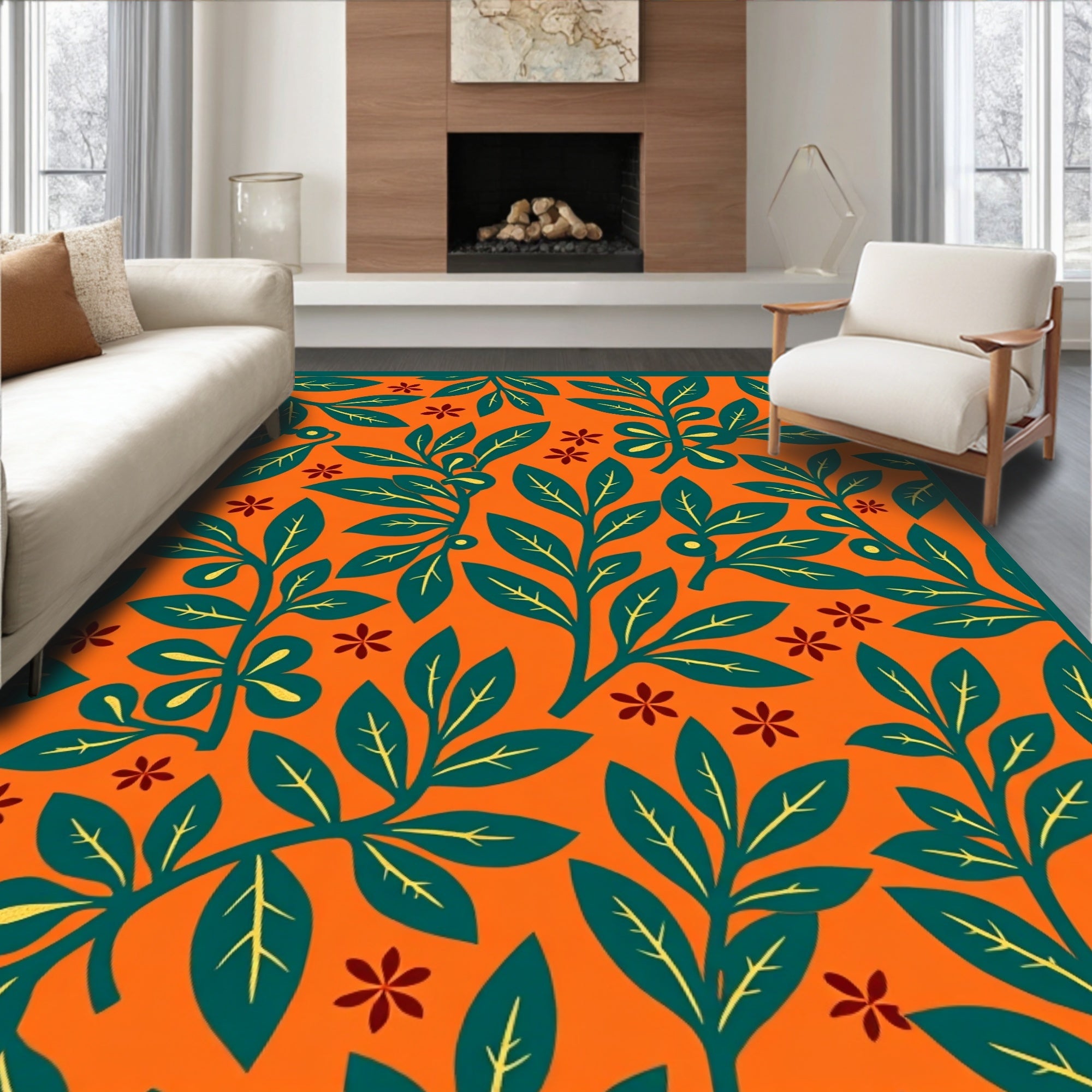 Orange Teal Foliage Floral Garden Rug