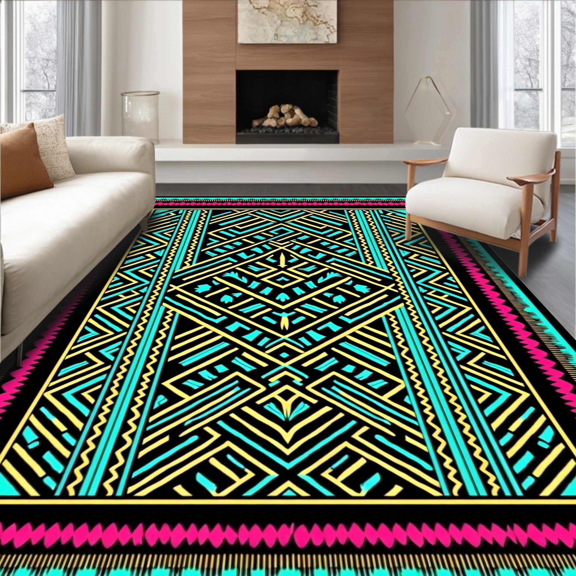 Bold Pink Turquoise Geometric Maze Rug