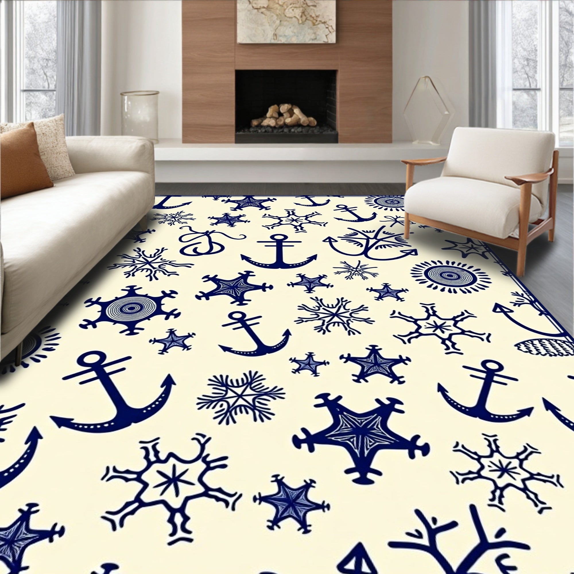 Nautical Navy Anchors Sunburst Snowflakes Rug
