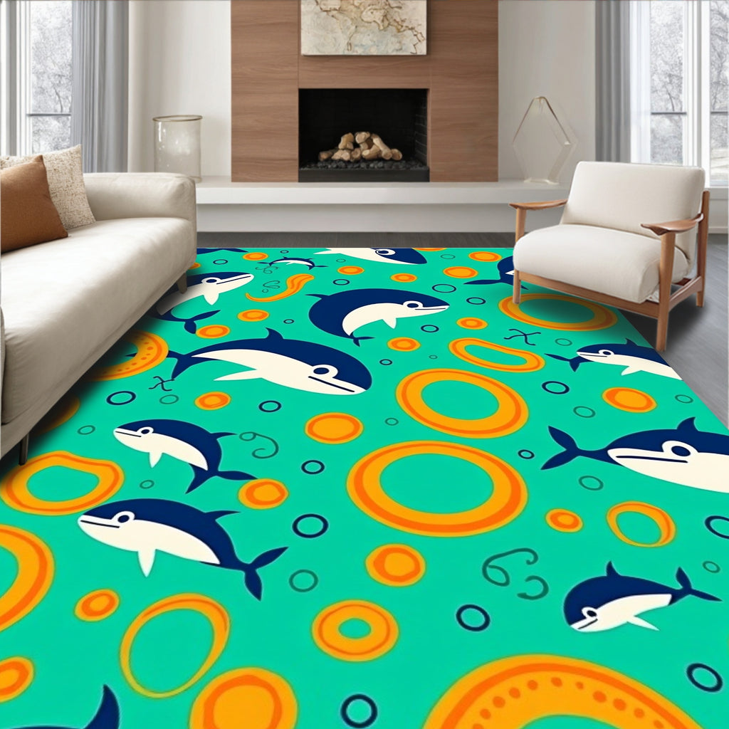 Playful Dolphin Teal Orange Circles Rug