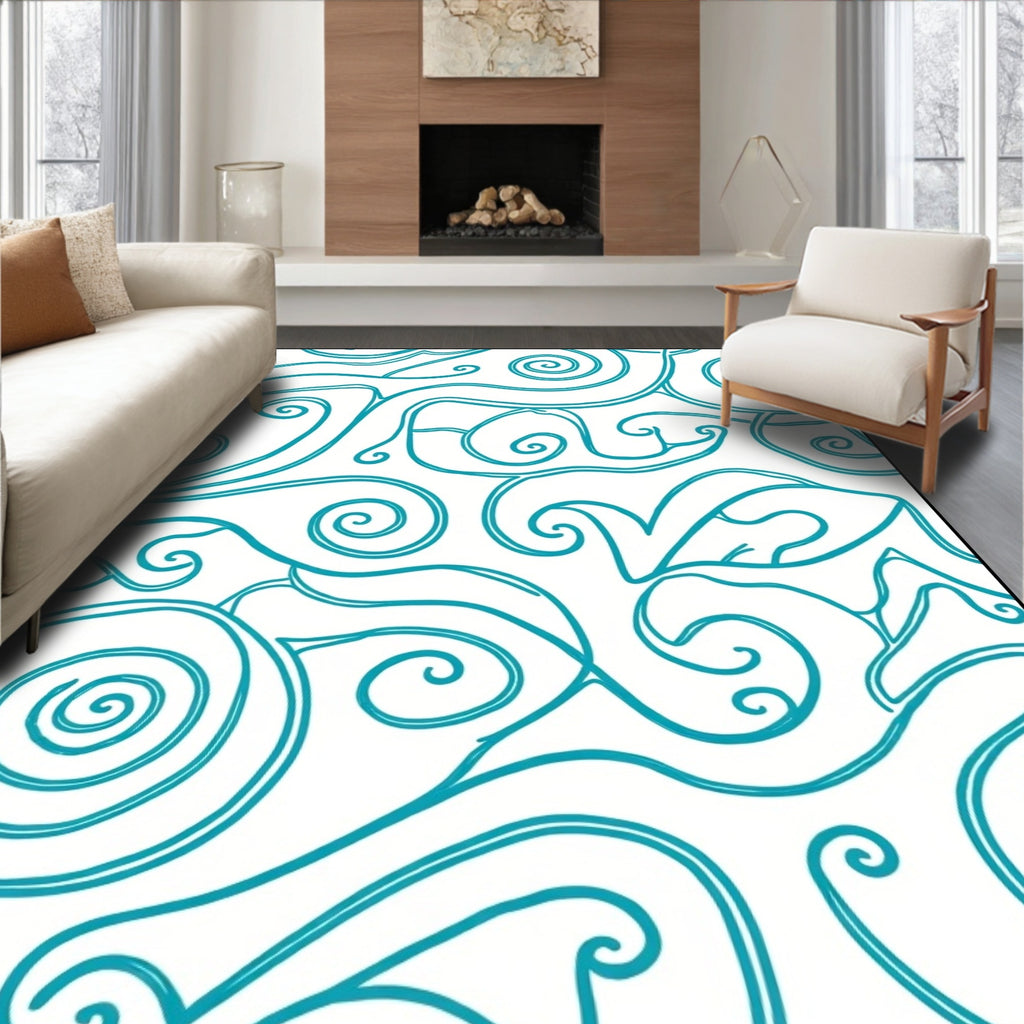 Aqua Swirl Abstract Whimsical Lines Rug