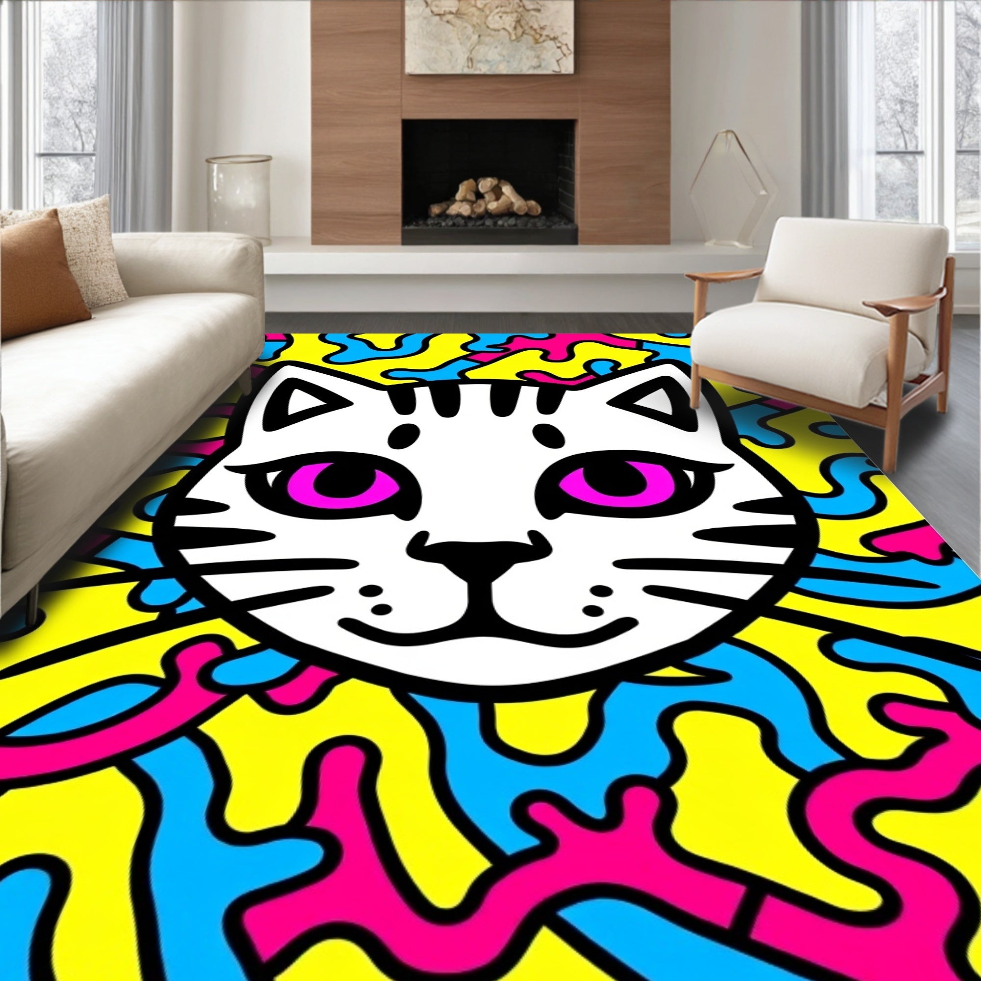 Whimsical White Cat Neon Swirls Rug
