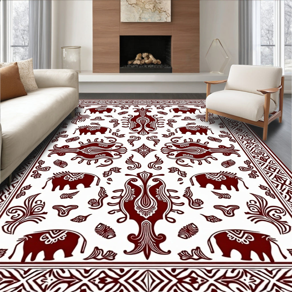Deep Red Elephant Folk Art Rug